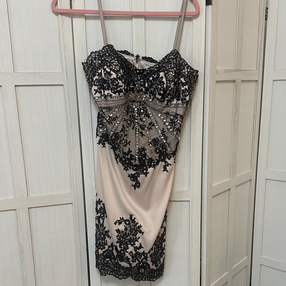 Nude & Black Beaded Lace Cocktail Dress